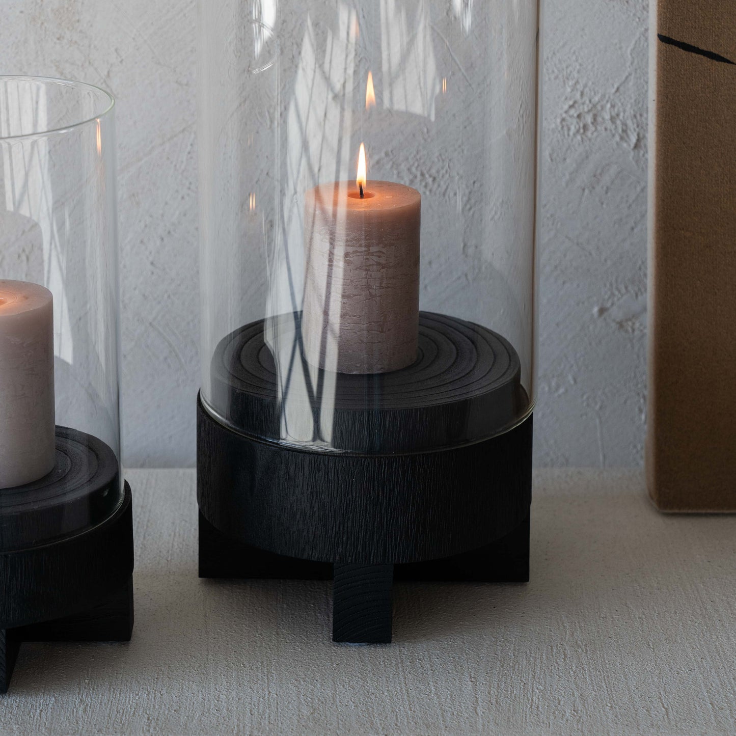 Lustre Solid Wood Black Candle Holder With Glass Cover